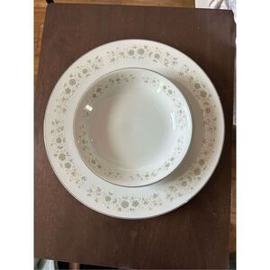 Carlion Andover 12 1/4” Round Platter, Japan Gray Floral Silver Rim Plate and Bo